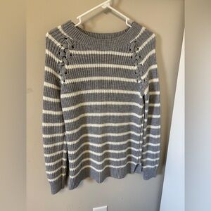 SO Women's Gray and White Striped Knit Sweater Womens Large